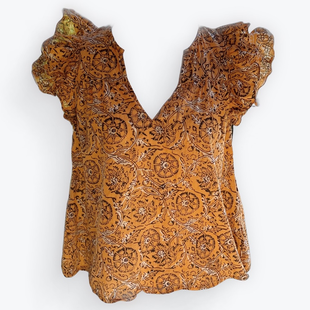 Boho Feminine Ruffled Peasant House of Harlow 1960 Mustard Zoey Cotton Top ~ XS